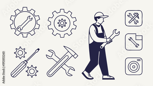 Repair line icon set. Editable Stroke. Maintenance, wrench, fixing, service, tools, repairman, engineer, troubleshoot - stock vector. 
