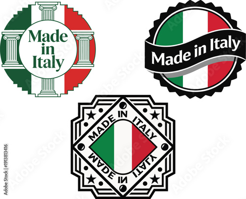 Italy, Italian, Made, Origin, Badge, Seal, Stamp, Emblem, Label, Mark, Roman, Column, Pillar, Architecture, Ribbon, Banner, Vintage, Retro, Classic, Antique, Star, Tricolor, Flag, Green, White, Red, A