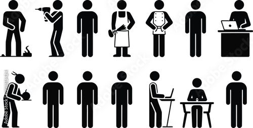 A compilation of stick figure icons illustrating various jobs including office work and manual labor