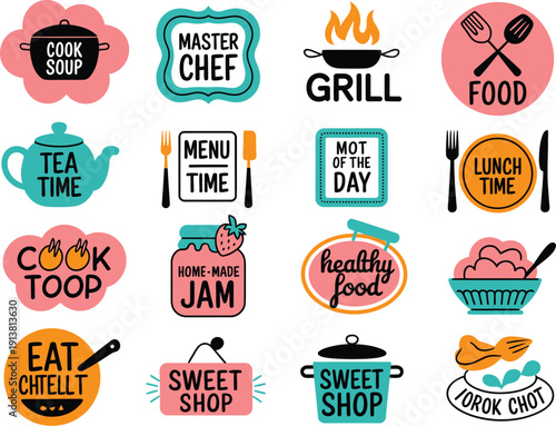 Colorful food and drink with text labels and utensils