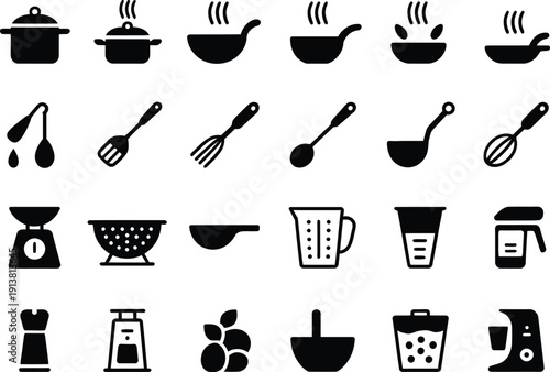 Black and white of kitchen utensils and appliances on white background