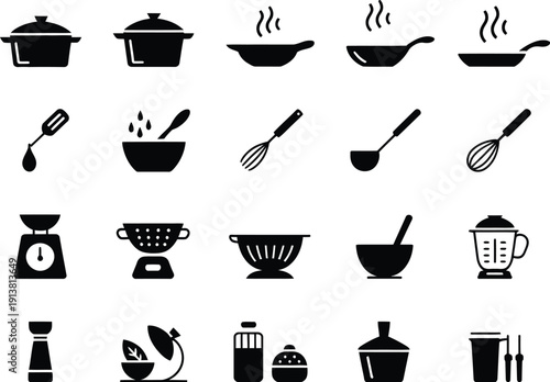 Black and white of cooking utensils and kitchen tools arranged in a grid pattern