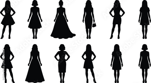 Elegant female silhouettes collection, women fashion poses set, stylish dress figures, beauty lifestyle concept, modern character design, flat vector illustration