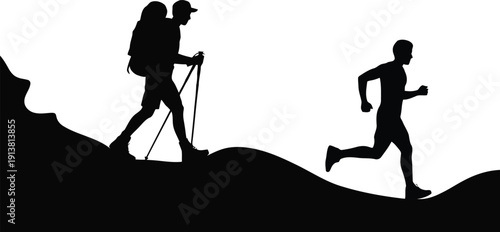 A determined hiker with a large backpack and a fast runner navigating a hilly outdoor environment