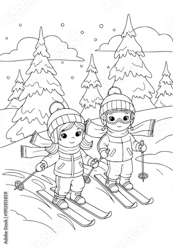 Portrait of littlePortrait of little skiers. Coloring page. Coloring page