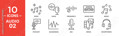 Ten line icons depicting audio elements: song notes, voice recording, frequency waves, audio tape, music notes, podcast mic, soundwave graph, microphone, media player, headphones.