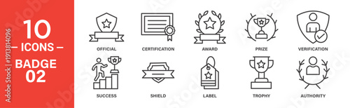Line icons depicting achievement, success, verification, awards, prizes, certifications, and authority symbols.