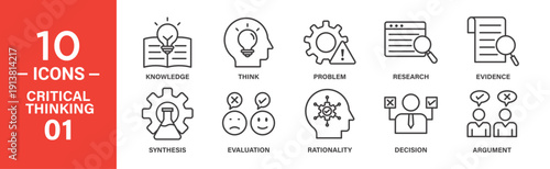 Line icons depict critical thinking processes: knowledge acquisition, problem analysis, research, evidence evaluation, decision-making, and argumentation.