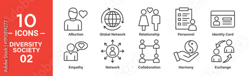 Ten line icons representing diversity concepts: affection, global network, relationships, personnel, identity, empathy, collaboration, harmony, and exchange.