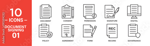 Ten line icons depict various document signing processes: document, consent, permission, signature, digital, policy, agreement, form, record, governance.