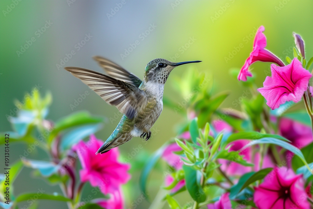 Fototapeta premium Hummingbird flying taken the nectar from the flower.