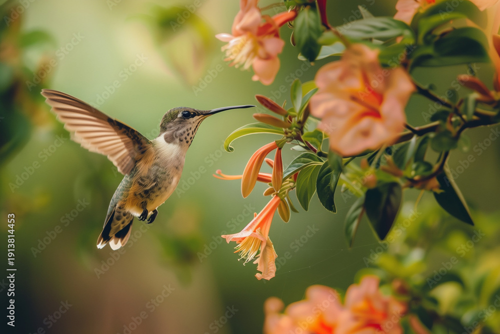 Fototapeta premium Hummingbird flying taken the nectar from the flower.