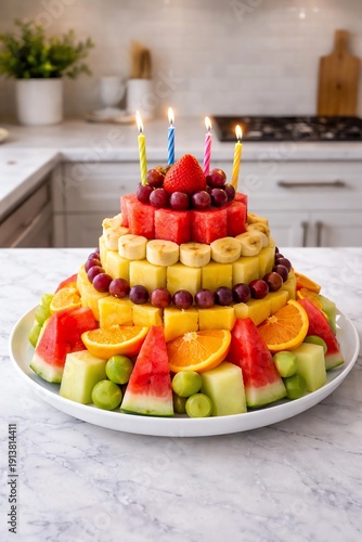 photo of various pieces of fruit forming a birthday cake