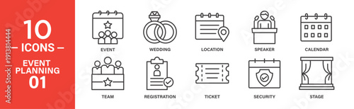 Ten line icons depict key event planning elements: event, wedding, location, speaker, calendar, team, registration, ticket, security, stage.