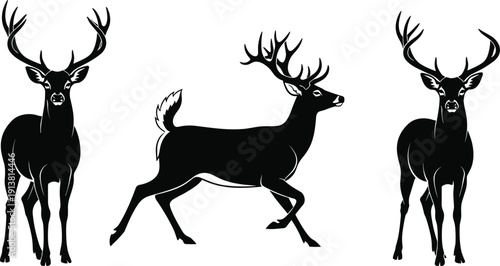 Wild deer buck silhouettes set, majestic stag with large antlers, forest animal hunting symbols, wilderness nature wildlife, reindeer standing running,