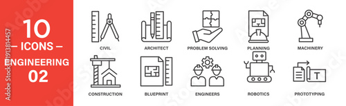 Ten line icons depict various engineering fields: civil, architecture, problem-solving, planning, machinery, construction, blueprint, engineers, robotics, and prototyping.