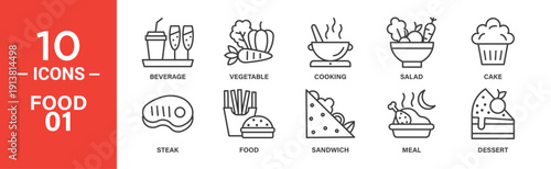 Ten line icons depict various food items: beverages, vegetables, cooking pot, salad, cake, steak, fries, sandwich, meal, and dessert.