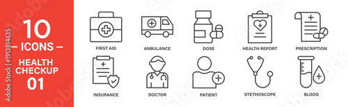 Line icons depicting healthcare: first aid, ambulance, medication, health report, prescription, insurance, doctor, patient, stethoscope, blood test.