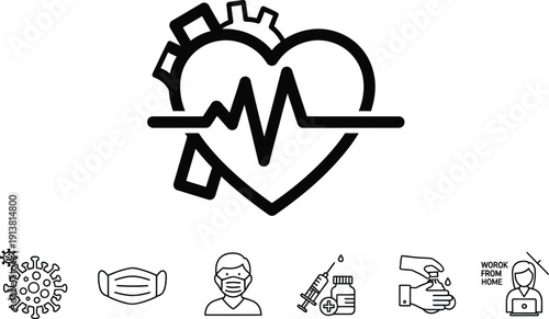 Heartbeat monitor icon combines with mechanical gear elements representing health.