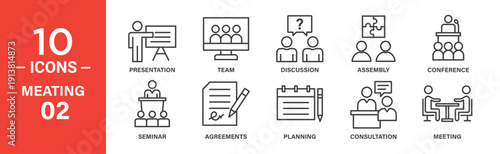 Line icons depicting various meeting scenarios: presentations, team work, discussions, assemblies, conferences, seminars, agreements, planning, consultations, and meetings.
