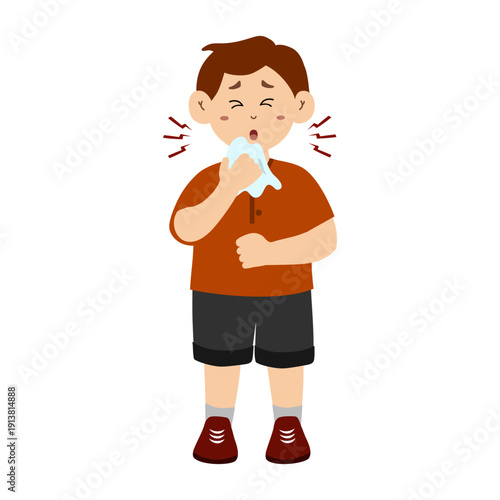 Cute little boy with a cough and pneumonia. Little boy with lung complications after being diagnosed with flu and pneumonia. A sick child with sneezing and feeling unwell. child with symptoms of flu, 