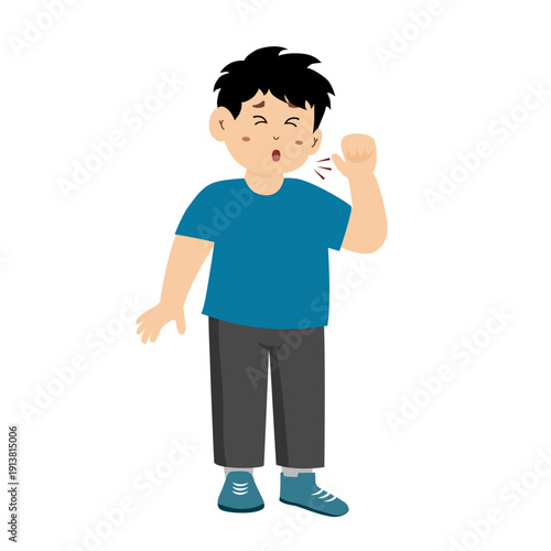 Cute little boy with a cough and pneumonia. Little boy with lung complications after being diagnosed with flu and pneumonia. A sick child with sneezing and feeling unwell. child with symptoms of flu, 