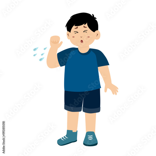 Cute little boy with a cough and pneumonia. Little boy with lung complications after being diagnosed with flu and pneumonia. A sick child with sneezing and feeling unwell. child with symptoms of flu, 
