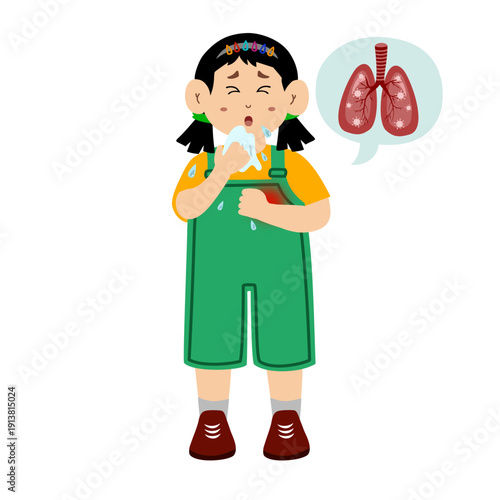 Cute little girl with a cough and pneumonia. Little girl with lung complications after being diagnosed with flu and pneumonia. A sick child with sneezing and feeling unwell. child with symptoms of flu