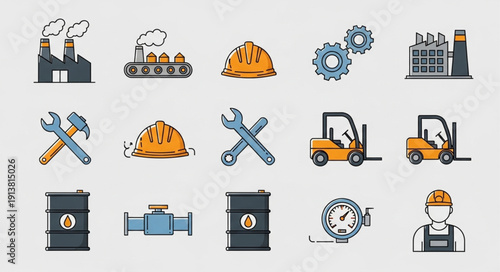 Industrial icons set with factories tools and machinery.