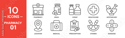 Line icons depicting pharmacy, drugs, syrup, healthcare, apothecary, location, medical kit, prescription, vitamins, bandage.