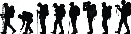 A diverse line of black silhouette hikers with backpacks and walking sticks in different outdoor activities
