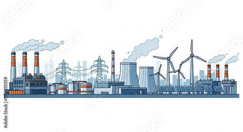 Industrial landscape with power plants and wind turbines.
