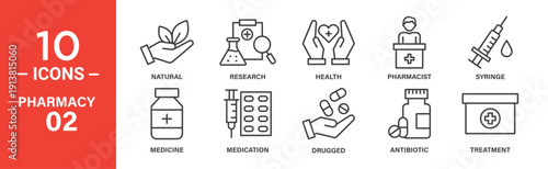 Line icons depicting pharmacy-related concepts: natural remedies, research, health, pharmacist, syringe, medicine, medication, drugs, antibiotics, and treatment.