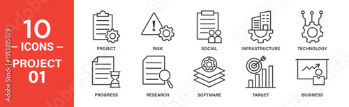 Line icons depict project phases: planning, risk assessment, social impact, infrastructure, technology, progress tracking, research, software, target goals, and business growth.