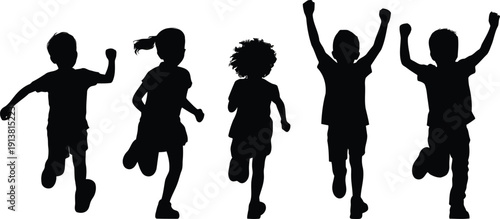 A dynamic collection of joyful children silhouettes actively running and leaping with outstretched arms against a bright white setting