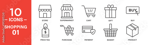 Ten line icons depicting various shopping elements: store, supermarket, cart, gift, buy button, price tag, purchase, payment, basket, product box.