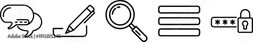 Vector icons for communication and security: speech bubbles, pencil writing, magnifying glass, menu bars, and password lock. on a transparent background