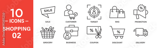 Ten line icons depict shopping-related concepts: sale, customer, target audience, bags, promotion, groceries, business, coupons, discounts, and delivery.