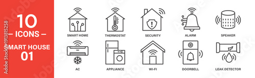 Line icons depict smart home features: security, thermostat, smart home, alarm, speaker, AC, appliance, Wi-Fi, doorbell, leak detector.