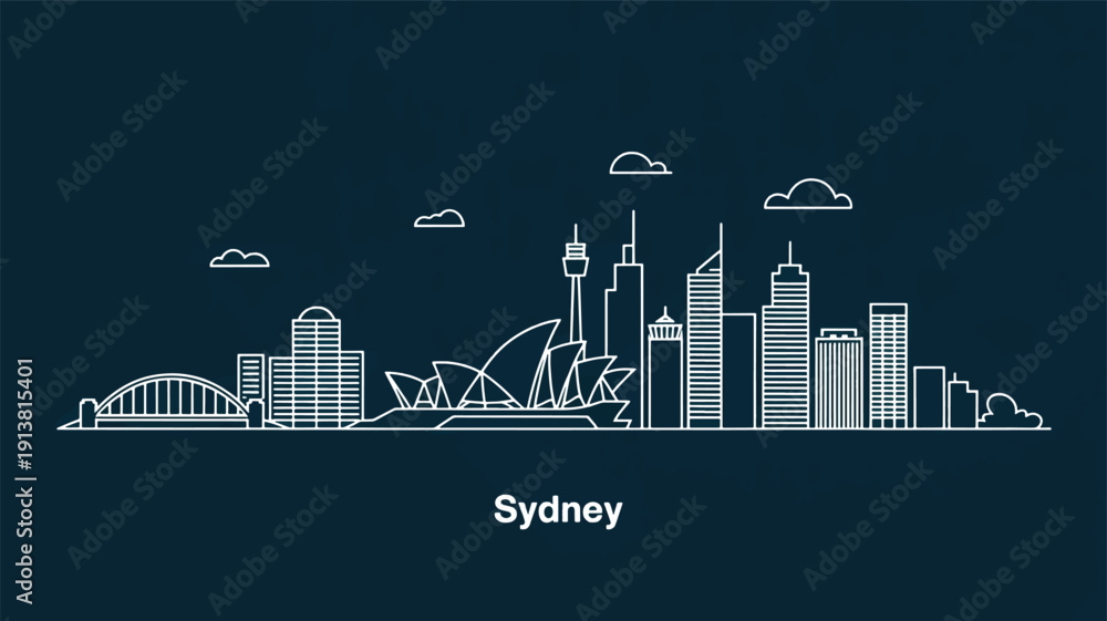 Fototapeta premium A minimalist line art illustration of Sydney, Australia's skyline against a dark teal background
