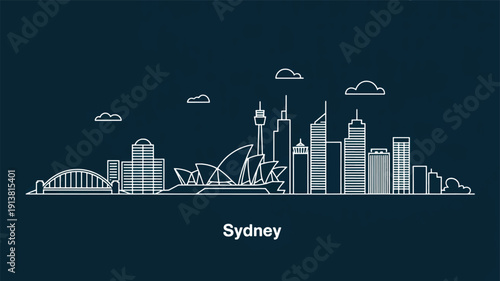 A minimalist line art illustration of Sydney, Australia's skyline against a dark teal background