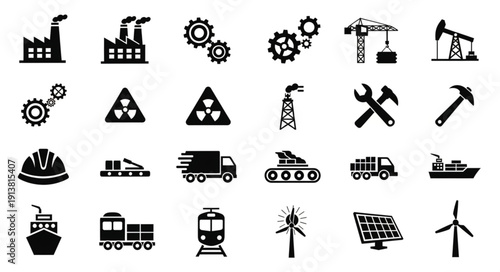 Industrial icons set factory gears crane oil rig and transport.