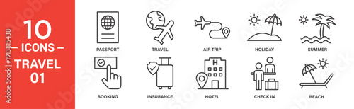Ten line icons depict travel essentials: passport, plane, air trip map, holiday island, summer beach, booking, insurance, hotel, check-in, beach lounge.