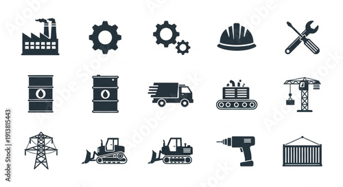 Industrial Icons Set Factory Gears Helmet Tools Oil Barrel Truck Crane.