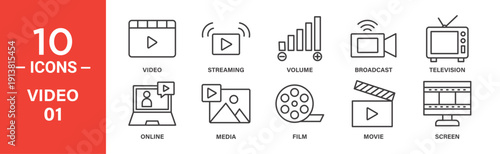 Ten line icons depict video-related concepts: video player, streaming, volume control, broadcast, television, online video, media player, film reel, movie clapperboard, and screen.