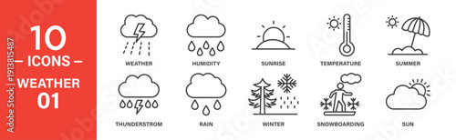 Line icons depicting various weather conditions: thunderstorm, humidity, rain, sunrise, temperature, summer, winter, snowboarding, and sun.