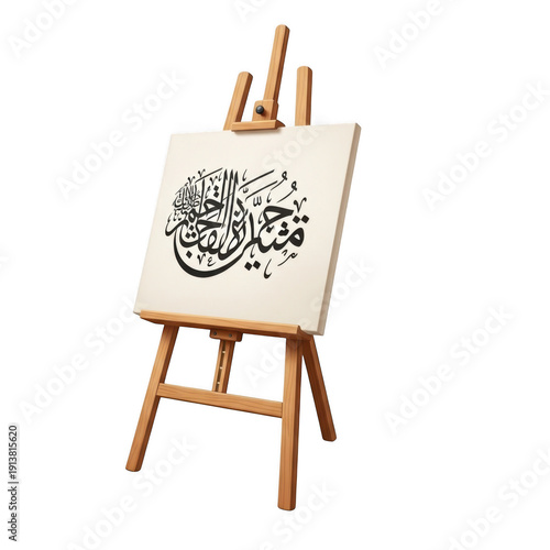 A beautifully crafted easel holding a canvas with a striking black and white abstract design. isolated on transparent background