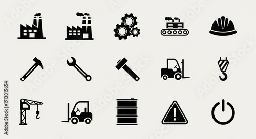 Industrial Icons Set Factory Tools Construction Equipment.