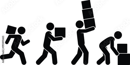 A group of black stick figures performing various actions related to moving small square packages