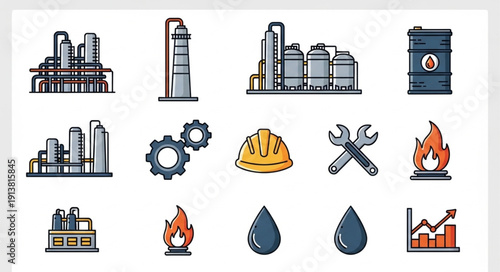 Industrial icons set for oil and gas industry.